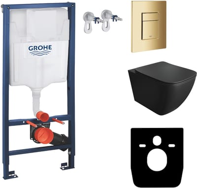 Inbouwreservoir Complete Toiletset Grohe Solido 39069000 - Inbouw WC Hangtoilet Wandcloset Onil Black Zwart Mat - Bedieningsplaat Skate Cosmopolitan 38732GL0 Gouden - Voorwandelement