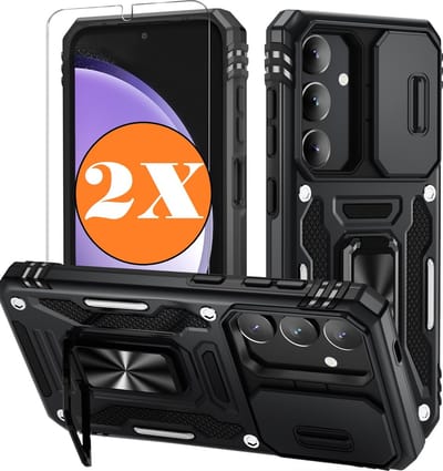 Hoesje Geschikt voor Samsung Galaxy S25 / S24 hoesje backcover Zwart met Met Draaibare Ring Houder en camera bescherming - Galaxy S25 / S24 Screenprotector - 2 stuks