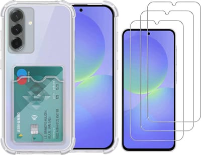 Transparant hoesje met Pasjeshouder geschikt voor Samsung Galaxy A36 - Shock Proof Case Met gehard glas Screenprotectors – 3 Packs