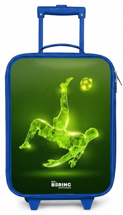 NoBoringSuitcases.com® - Kinderkoffer blauw - Kindertrolley jongen - Groene neon omhaal in actie - Koffer kind lichtgewicht - Reiskoffer trolley voor kinderen - Koffertje met lichtgevende wieltjes - Rolkoffer