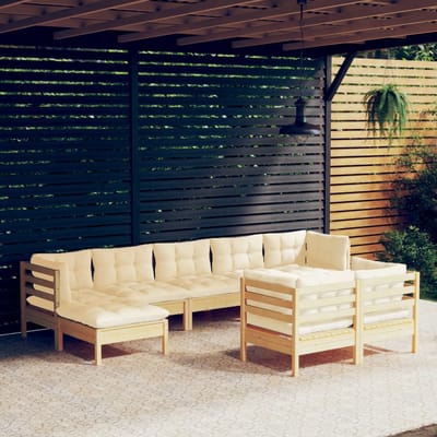 vidaXL - 9-delige - Loungeset - met - crèmekleurige - kussens - massief - grenenhout