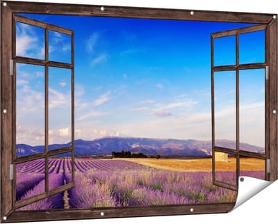 Gards Tuinposter Doorkijk Raam met Lavendel Veld - 150x100 cm - Tuindoek - Tuindecoratie - Wanddecoratie buiten - Tuinschilderij