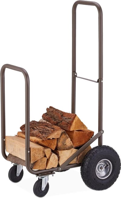 Haardhoutopslag - Houtopberging Brandhoutkar Luchtbanden 360° Wielen 60 kg Capaciteit 33 cm Houtblokken Bruin
