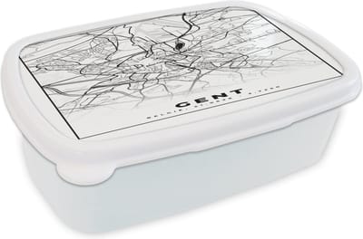 Broodtrommel Wit - Lunchbox - Brooddoos - Stadskaart – Plattegrond – België – Zwart Wit – Gent – Kaart - 18x12x6 cm - Volwassenen