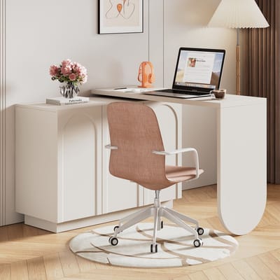 REDOM Bureau met Kast - 360° Draaibaar & Opklapbaar - L-Vormig Hoekbureau - Werktafel voor Kantoor & Thuiswerken - Bureau met Opbergruimte - MDF - Wit