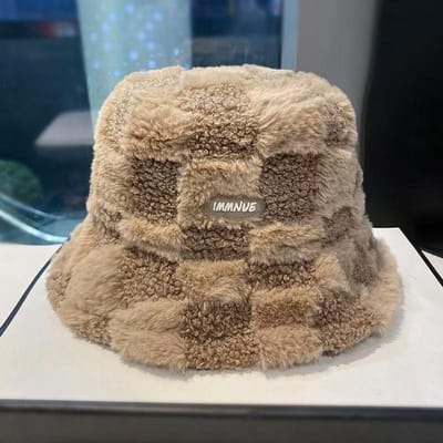 Chapeau seau d'automne et d'hiver pour femme, épais, chaud, coupe-vent, en laine d'agneau, avec lettres, à carreaux, style pêcheur kaki