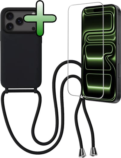 Hoes Geschikt voor iPhone 17 Pro / 18 Pro Hoesje Met Koord Met Screenprotector - Telefoonhoesje Geschikt voor iPhone 17 Pro / 18 Pro Backcover Met Afneembaar Koord - Zwart