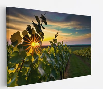Saammp Canvas Schilderij - Wijngaarde met zonsondergang - Natuur - Landschap - 45x30 - Foto op canvas - Wanddecoratie - Muurdecoratie Woonkamer - Slaapkamer decoratie - Canvas Print