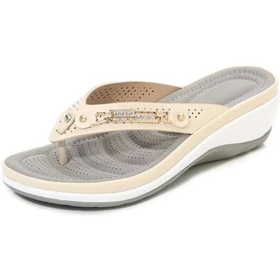 Damesslippers Zomer Nieuwe Mode Metalen Knoop Slides Schoenen Wedge Strandsandalen Dames Buiten Platform Vrije Tijd Teenslippers 36 beige
