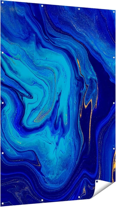 Gards Tuinposter Abstracte Kunst - Blauw met Gouden Verf - 120x180 cm - Tuindoek - Tuindecoratie - Wanddecoratie buiten - Tuinschilderij