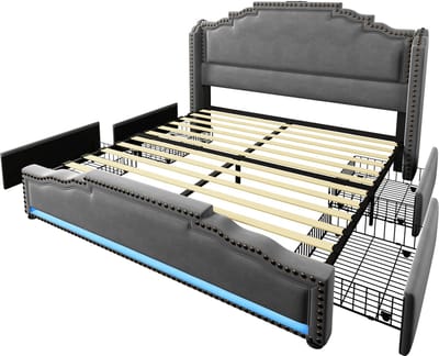 COVREO Bed 140x200 cm grijs met 4 lades, LED en USB-C, met matras