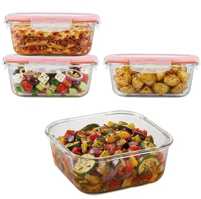 Lock&Lock Glazen Vershoudbakjes - Meal prep bakjes glas - Ovenschaaltjes met deksel - 1.4 liter - Luchtdicht - BPA vrij - PFAS vrij - Borosilicaatglas - Airfryer bakjes - Bewaarbakjes - Vershoudbakjes glas - Vierkant - Set van 4 stuks