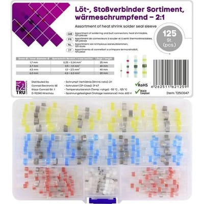 TRU COMPONENTS T25C047 Stootverbinder Met krimpkous 0.25 mm² 6.0 mm² Volledig geïsoleerd Wit, Rood, Blauw, Geel 125 stuk(s)