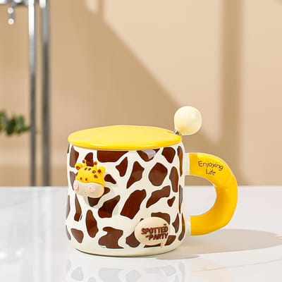 Creatieve Keramische Kop met Deksel Huishoudelijke Drinkbeker met Lepel Mok Dierenpatroon Waterbeker Cadeaubeker 400ML