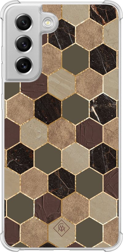 Casimoda® hoesje - Geschikt voor Samsung Galaxy S21 FE - Kubus Groen Bruin - Shockproof case - Extra sterk - Siliconen/TPU - Bruin/beige, Transparant