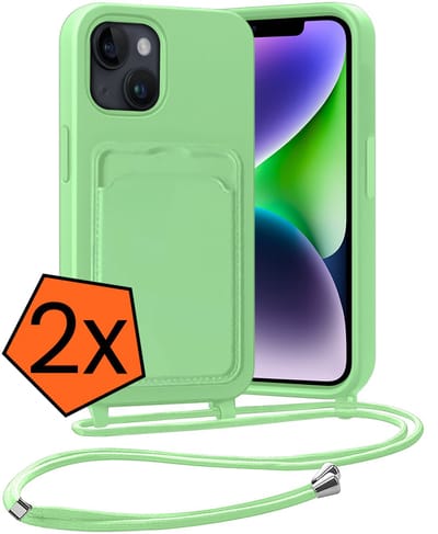 Hoesje Geschikt voor iPhone 13 Hoesje Met Telefoonketting Pasjeshouder Case Koord - Hoesje Geschikt voor iPhone 13 Hoes Met Kaarthouder - Groen - 2 PACK