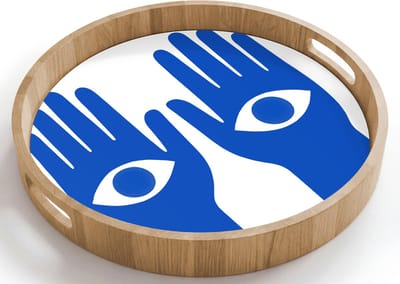 Dienblad rond 40x40 cm - Schootdienblad hout - Handen - Twee - Ogen - Blauw - Borrelplank rechthoek - Plateau houten dienbladen