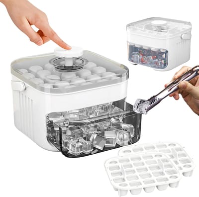 IJsblokjesvorm Met Opbergbox - Dubbel Laags IJsblokjesbak Voor Thuis - Makkelijk Losmaken - Grote Capaciteit - Wit - 15 x 15 x 10 cm
