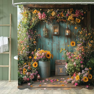 Serene Tuin Douchegordijn - Met Haken, Levendige Natuurlijke Rustieke Tuin en Bloemen Badkamergordijnen Huisdecoratie Gordijn 90x180cm-35x70in