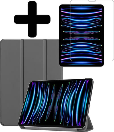 Hoes - Geschikt voor Apple iPad Pro (2022) - 11 inch - 4e generatie - Met Screenprotector - Trifold Bookcase - Hard Cover - Hardcover Book Case - Tablet Hoesje - Grijs