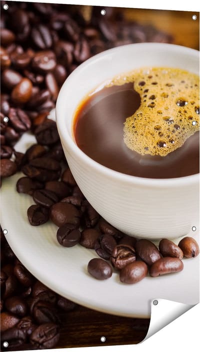 Gards Tuinposter Kopje Koffie met Koffiebonen - 80x120 cm - Tuindoek - Tuindecoratie - Wanddecoratie buiten - Tuinschilderij