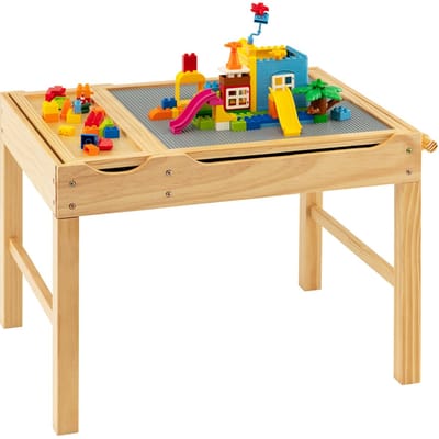 COSTWAY 2-in-1 kindertafel met omkeerbaar tafelblad, speeltafel van grenenhout met opbergruimte, zijstang en papierrol, activiteitstafel, legotisch voor kinderen vanaf 3 jaar (natuur)
