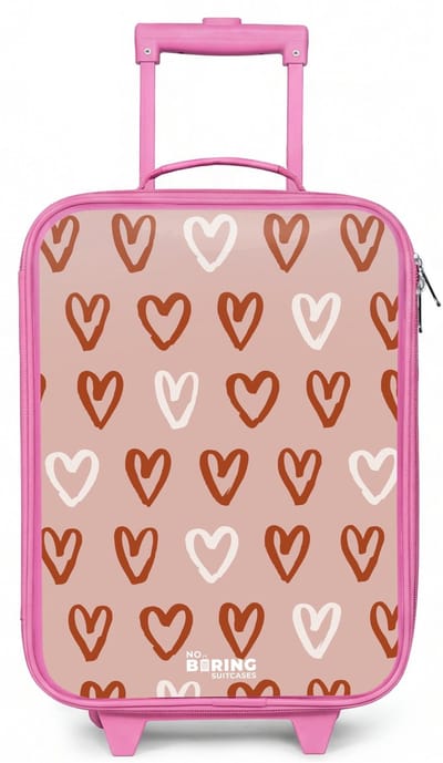 NoBoringSuitcases.com® - Kinderkoffer roze - Kindertrolley meisje - Hartjes patroon in roze en wit - Koffer kind lichtgewicht - Reiskoffer trolley voor kinderen - Koffertje met lichtgevende wieltjes - Rolkoffer