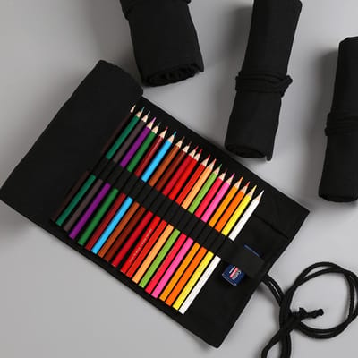 Verfkwastenhouder Canvas Oprolbaar Potlood Pennenhouder Kunstenaar Tekenpennen Opbergtas 48 Vakken Canvas Etui voor School 48 slots zwart