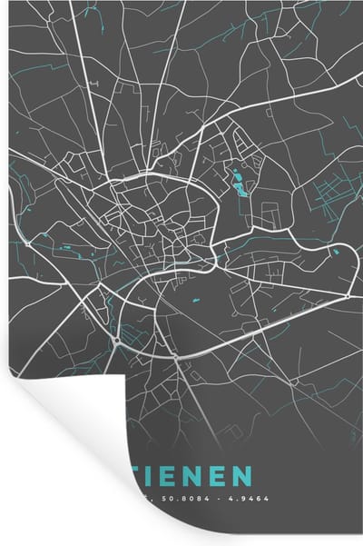 Muurstickers - Sticker Folie - Stadskaart – Grijs - Kaart – Tienen – België – Plattegrond - 20x30 cm - Plakfolie - Muurstickers Kinderkamer - Zelfklevend Behang - Zelfklevend behangpapier - Stickerfolie