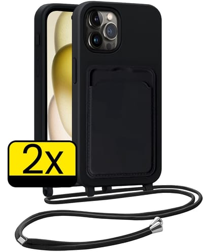 Hoesje Geschikt voor iPhone 14 Pro Telefoonhoesje Met Koord Case Pashouder Siliconen - Hoes Geschikt voor iPhone 14 Pro Hoesje Met Kaarthouder - Zwart - 2 Stuks