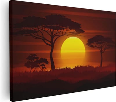 Artaza Canvas Schilderij Zonsondergang Afrika - 30x20 cm - Klein - Wanddecoratie Silhouet Bomen - Muurdecoratie Savanne - Kamer Accessoires Natuur