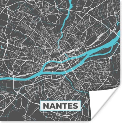 Poster Kaart - Plattegrond - Stadskaart - Nantes - Frankrijk - 100x100 cm XXL