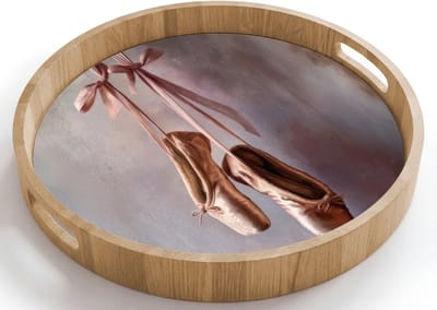 Dienblad rond 40x40 cm - Schootdienblad hout - Balletschoenen - Satijn - Aardetinten - Borrelplank rechthoek - Plateau houten dienbladen