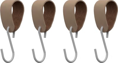 S-haakje Wit + leren hanger: TAUPE - Maat S - set van 4 (S-haakjes - kapstokhaakje - handdoekhaakje - kapstokhaak - ophanghaken - S-haken)