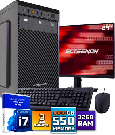 Intel Compleet PC SET | Intel Core i7 | 32 GB DDR4 | 1 TB SSD + 24 Inch Monitor + Muis + Toetsenbord | Windows 11 Pro + WiFi & Bluetooth