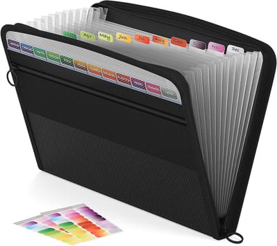 Famanu - Uitbreidende File Organizer 13 vakken, A4 accordeon bestandsmap met ritssluiting, uitbreidbare map organizer box file wallet, zwart