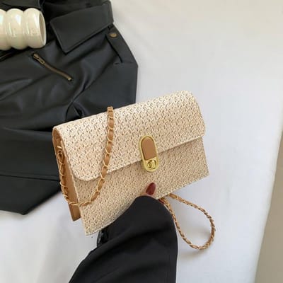 Sac à bandoulière chaîne pour femme, nouveau style, tendance, simple et frais, sac à bandoulière croisé, sac tressé en paille tendance beige