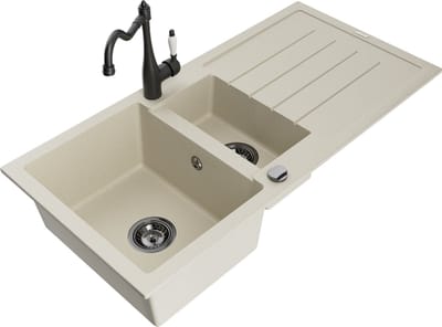 Mexen Andres granieten spoelbak 1,5-komoren met afdruiprek en keukenmengkraan Carla, beige - 6515-69-670700-70