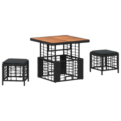 vidaXL - Tuin - Eettafel - Set - 3 - st - Zwart - en - Grijs - Poly - Riet - en - Acacia - Hout