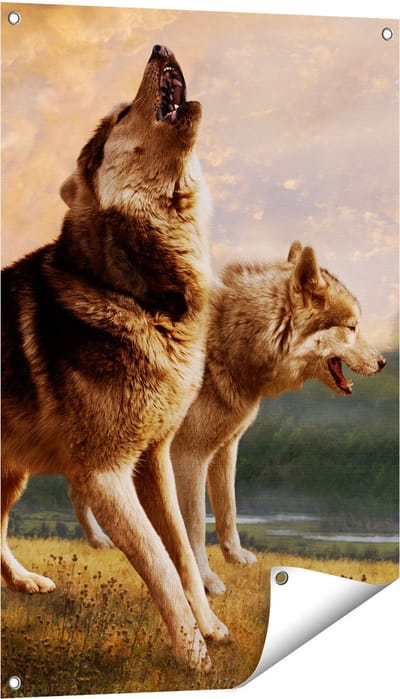 Gards Tuinposter Twee Wolven op het Gras - 60x90 cm - Tuindoek - Tuindecoratie - Wanddecoratie buiten - Tuinschilderij