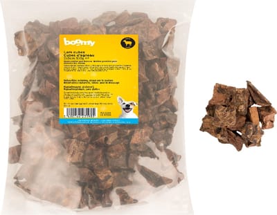 Boomy - Natuurlijke hondensnacks - Gezonde hondensnoepjes - Lamslong trainers - Gedroogde lamslong - Kubus 2 x 2cm - 350g