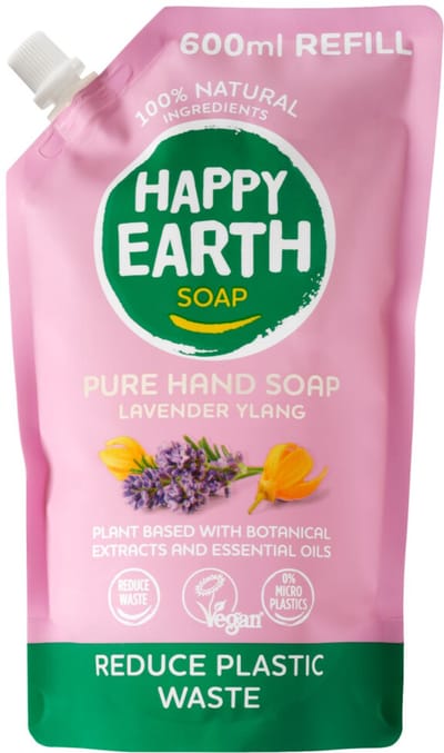 Happy Earth Handzeep Navulling Lavender Ylang - 100% Natuurlijke Ingrediënten - Microplasticvrij - Refill - Antibacterieel – Plantaardige formule - 0% SLS/SLES of parabenen – Heerlijke geur – 600 ml