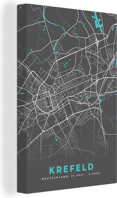 Canvas Schilderij Stadskaart – Plattegrond – Duitsland – Blauw – Krefeld – Kaart - 20x30 cm - Wanddecoratie