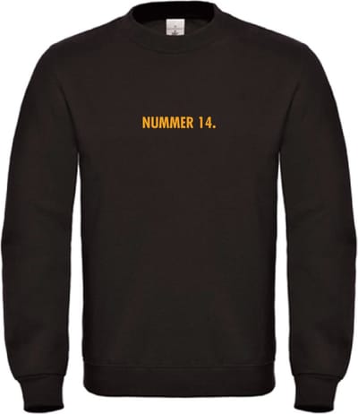 Sweater Zwart M - nummer 14 - okergeel - soBAD. | Sweater unisex | Sweater man | Sweater dames | Voetbalheld | Voetbal | Legende