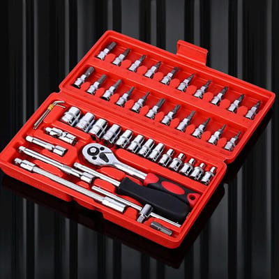 Dopsleutel Reparatie Set - Gereedschapskist Combinatie - Huishoudelijk Onderhoud - Chroom Vanadium Staal - 46 Delig - Grijs