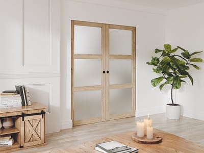 Vente-unique Dubbele schuifdeur met inbouwsysteem in hout en matgehard glas - 3 ramen - 2 x H205 x B93 cm - ACOSTA II
