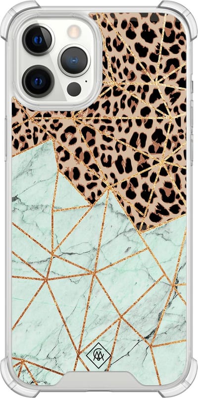 Casimoda® hoesje - Geschikt voor iPhone 12 Pro Max - Luipaard Marmer Mint - Shockproof case - Extra sterk - TPU/polycarbonaat - Mint, Transparant