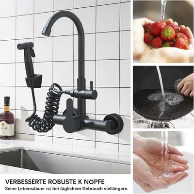 zwarte Wandgemonteerde Keukenkraan 360° Draaibaar met Bidet Reinigingsspuit, Dubbele Uitgang, Modern Spoelbak Kraan