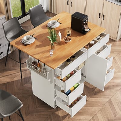 MODENUIT Keukeneiland - Uitklapbaar Met 8 Laden En Wielen - Voor Keuken En Eethoek - MDF - Wit - 122x46x91,5 Cm