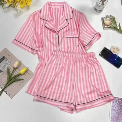 Hoogwaardige gestreepte pyjama met korte mouwen voor dames Zomerkleding Dun Revers Huiskleding Pyjama Set voor Dames Nachtkleding Nachthemd 2XL pink